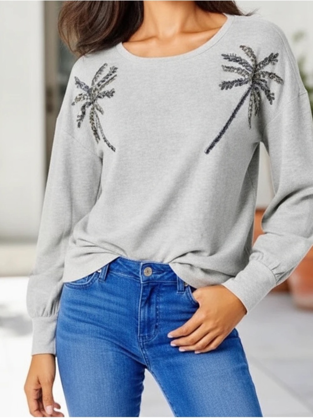 Lilly Pulitzer Women’s Tippie Palm Tree Sequin Top, Heathered Seaside Gray. M